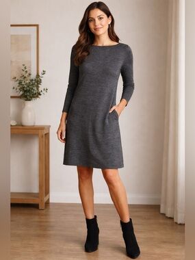 Eileen Fisher Heather Charcoal Long-Sleeve Boatneck Dress